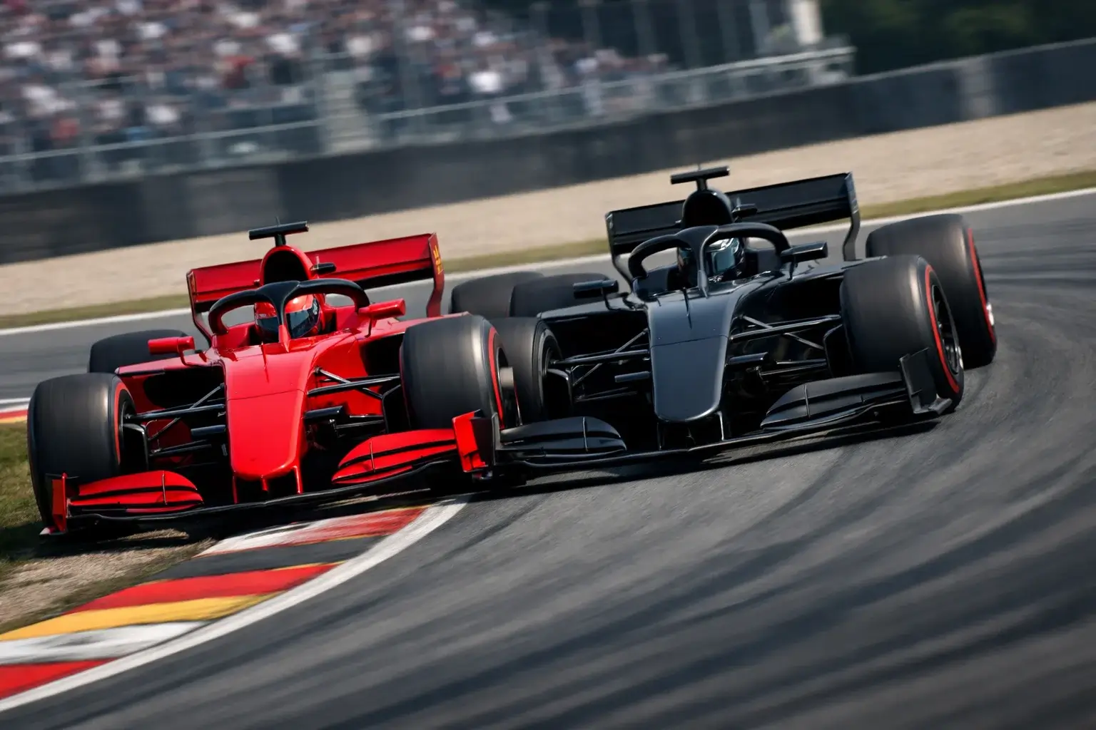 Zwei F1-Bolide im direkten Zweikampf auf der Strecke