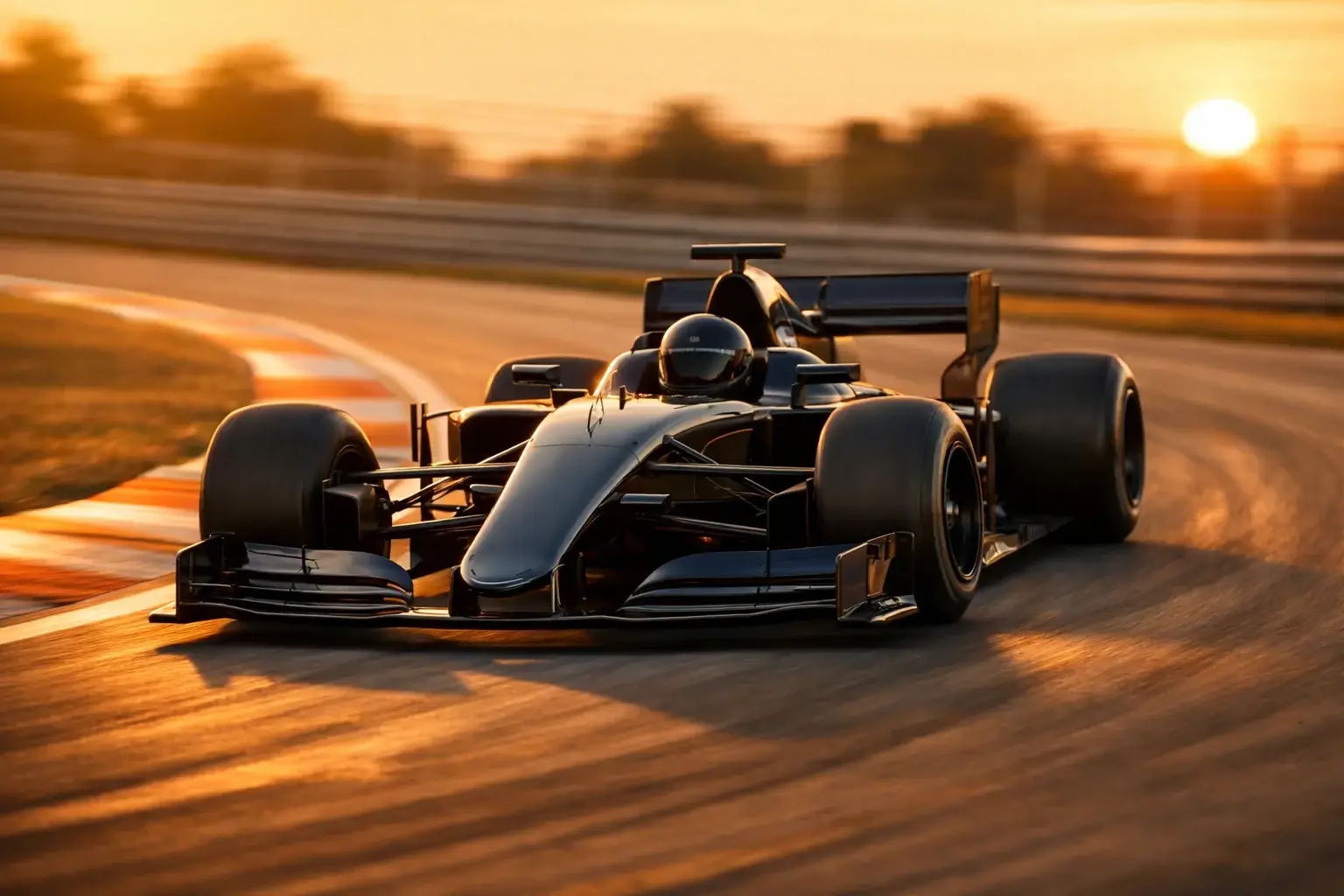 Formel 1 Bolide auf der Rennstrecke bei Sonnenuntergang