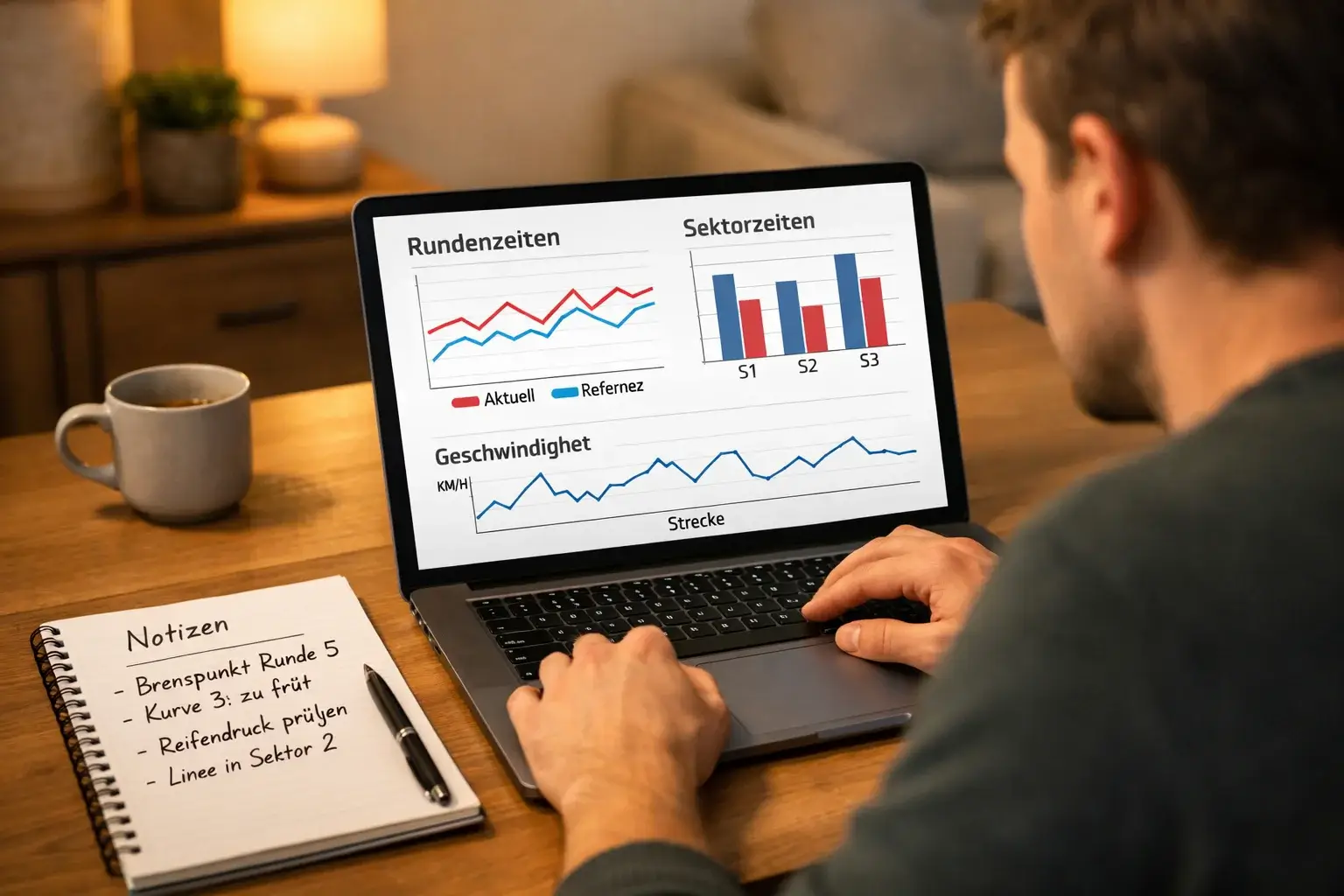 Person analysiert F1-Statistiken auf Laptop mit Notizen
