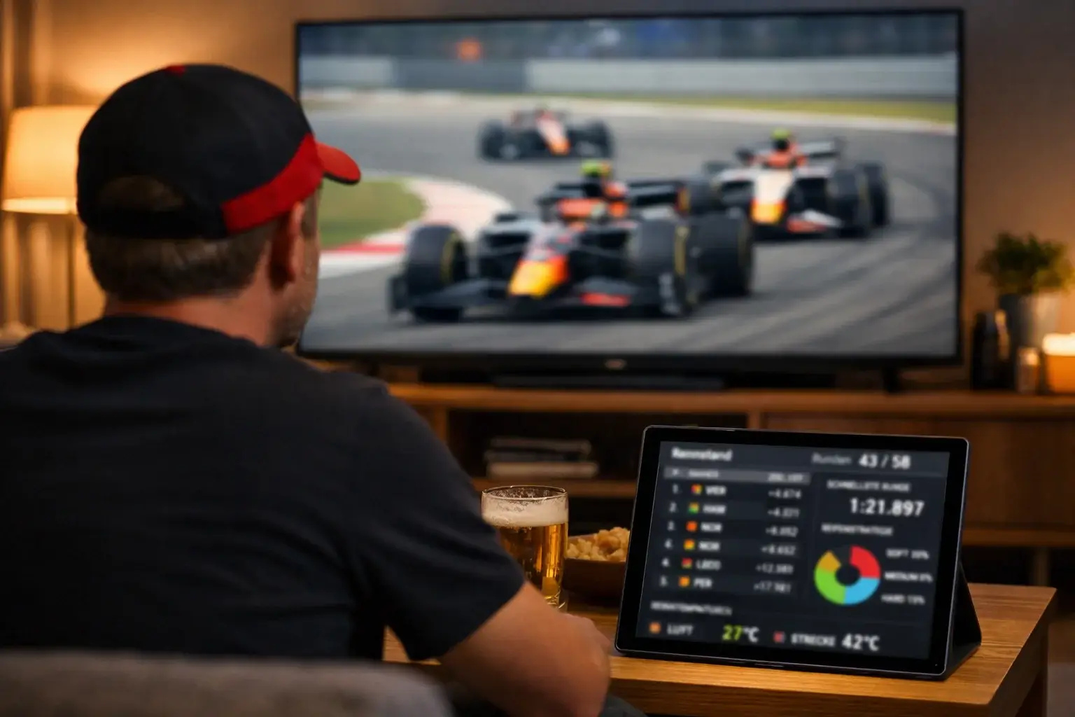 Zuschauer verfolgt F1-Rennen live auf mehreren Bildschirmen