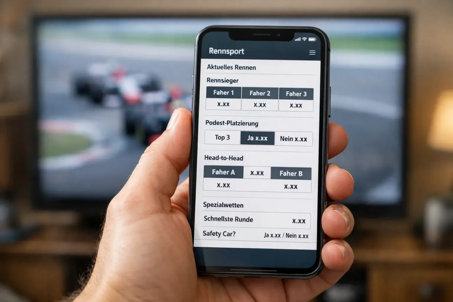 Hand hält Smartphone mit Sportwetten-App beim F1-Rennen