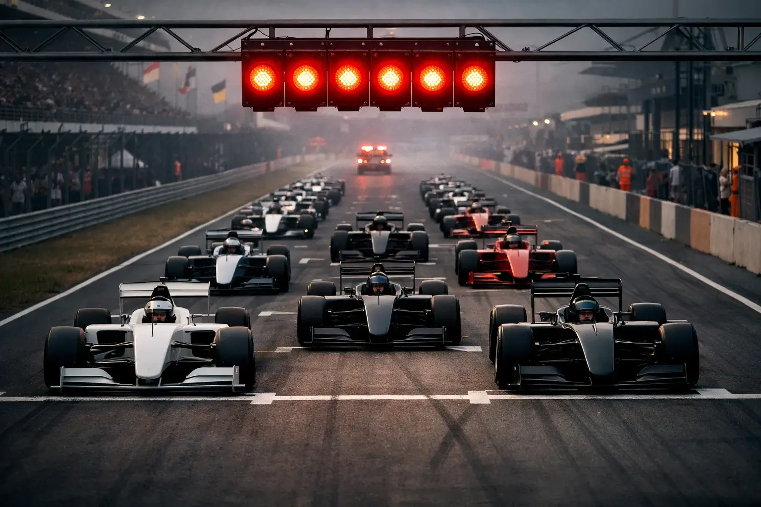 Formel 1 Rennstart mit Ampeln und Boliden in der Startaufstellung