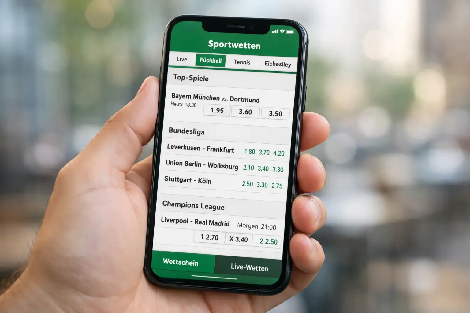 Smartphone mit geöffneter Sportwetten-App in der Hand