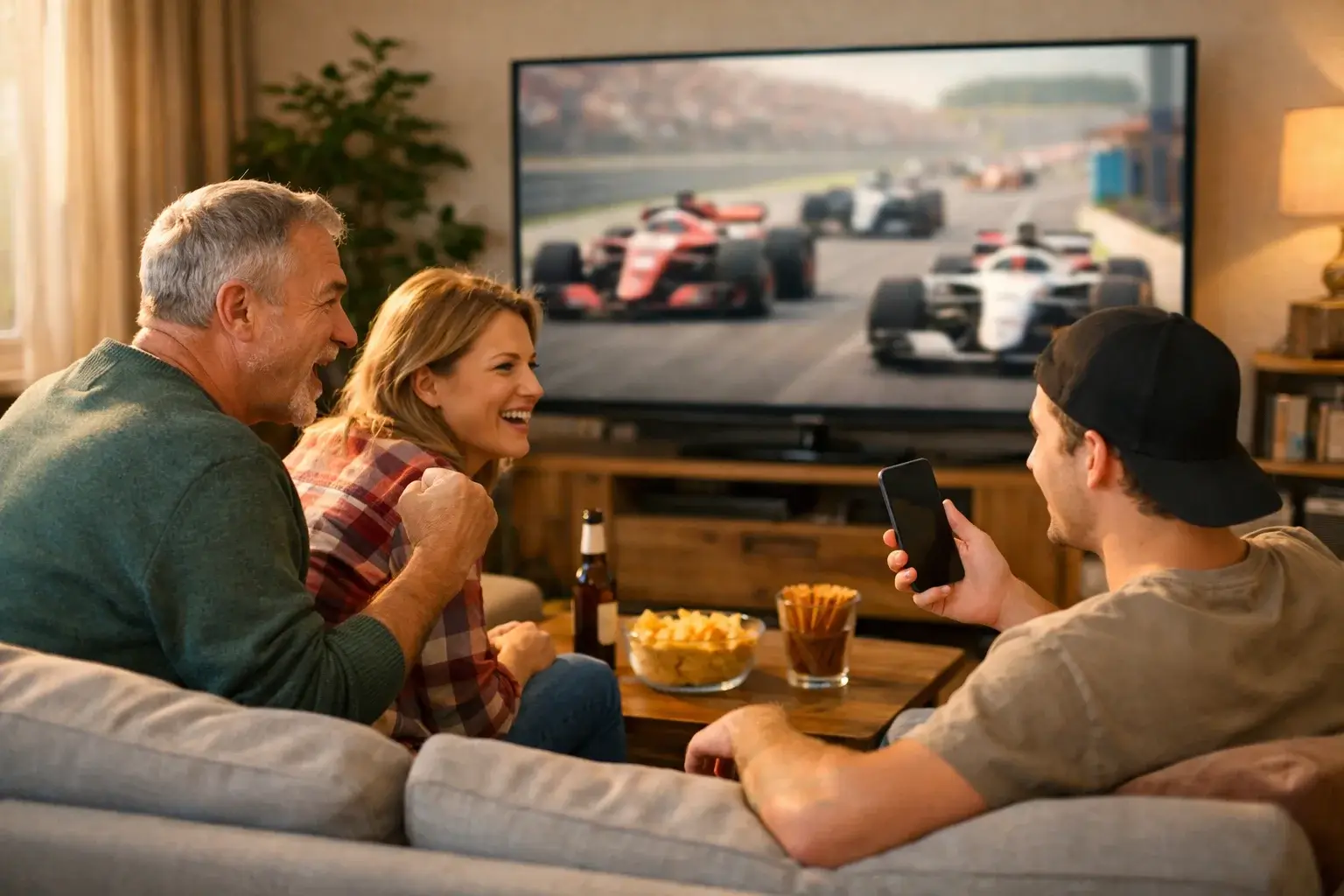 Gruppe von Motorsport-Fans verfolgt ein Formel-1-Rennen