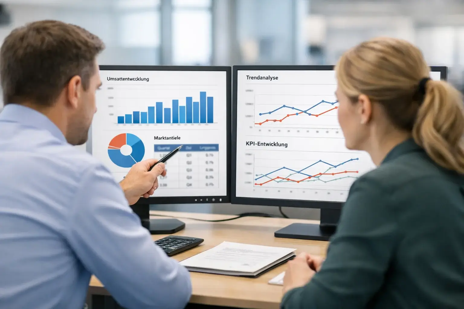 Analysten arbeiten an Computern mit Datenvisualisierungen