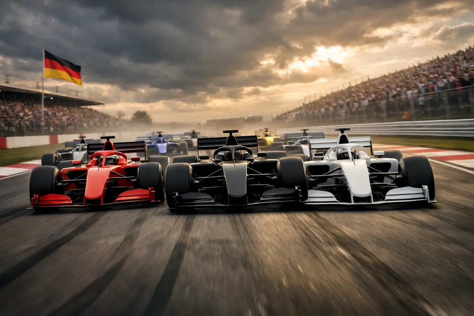 Formel-1-Rennen mit mehreren Fahrzeugen auf der Rennstrecke