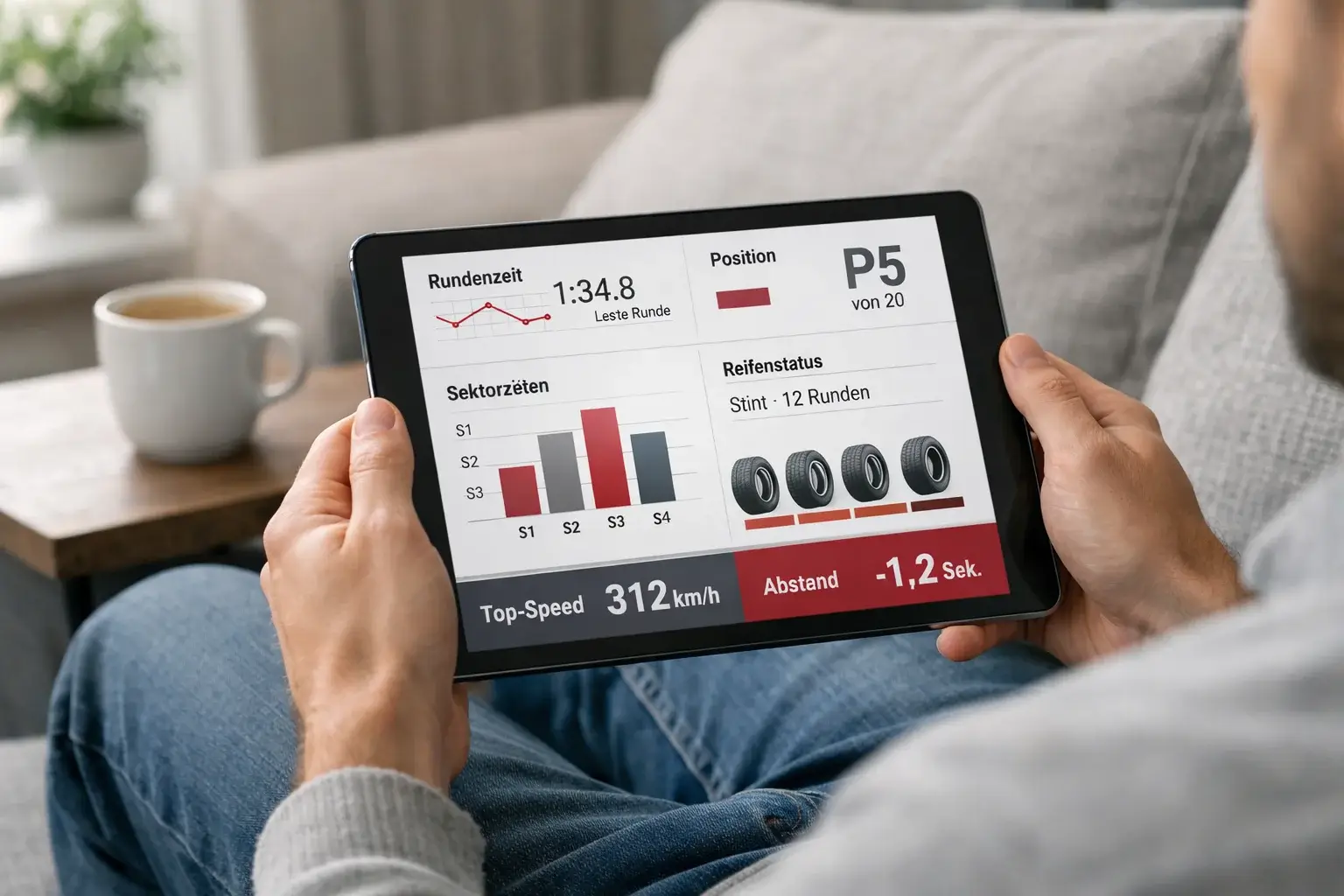 Person studiert F1-Rennstatistiken auf einem Tablet