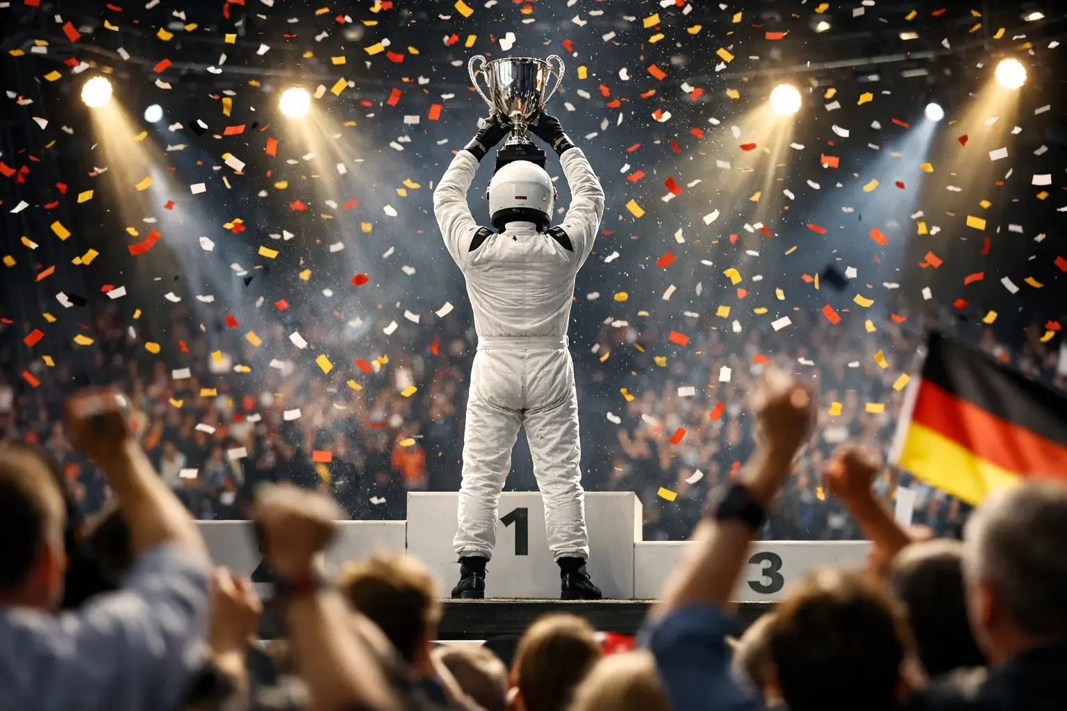 Formel-1-Fahrer feiert einen Sieg auf dem Podium