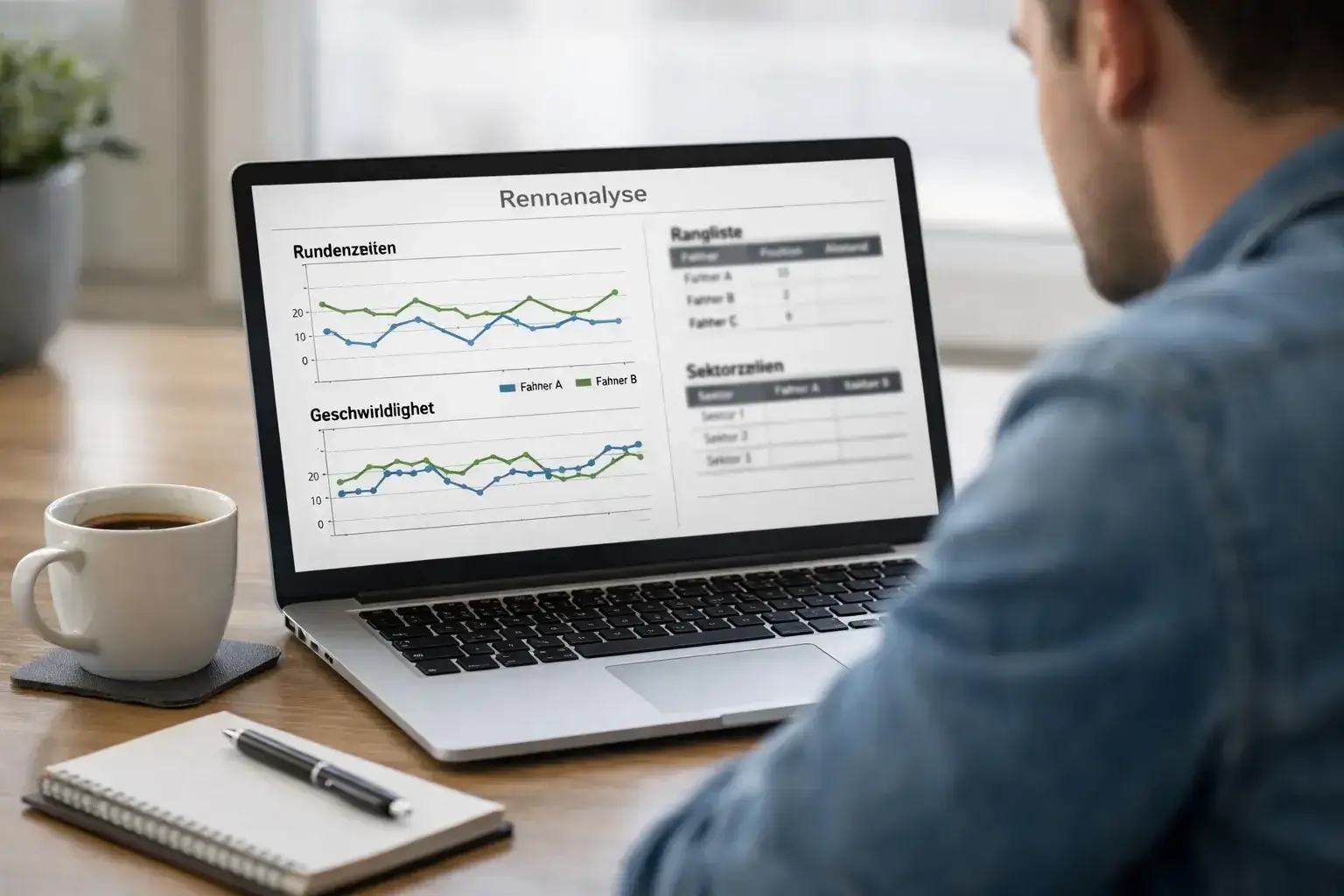 Person analysiert F1-Statistiken und Daten am Laptop