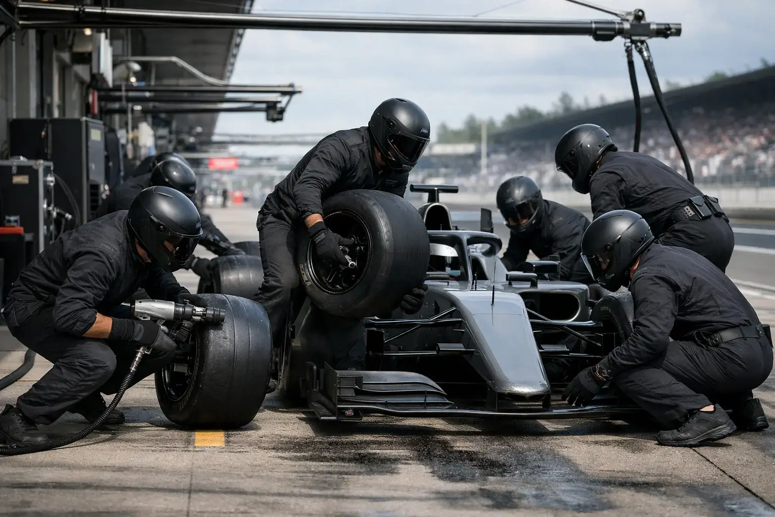 Formel 1 Boxenstopp mit koordinierter Teamarbeit beim Reifenwechsel