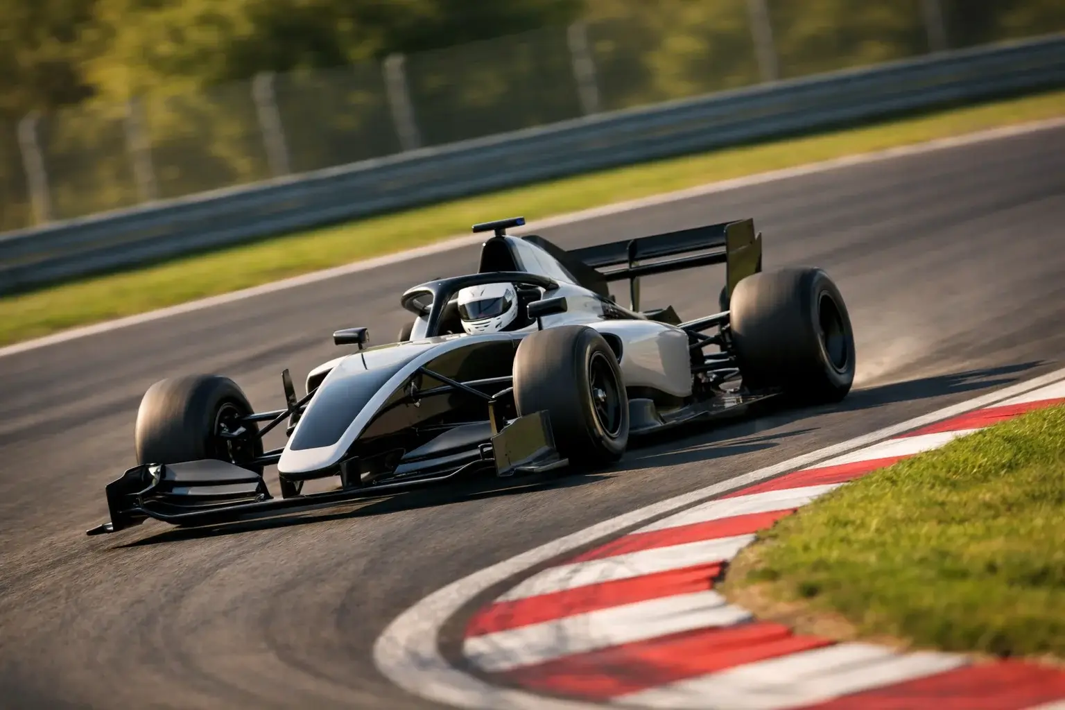 Formel 1 Bolide fährt mit hoher Geschwindigkeit durch eine Kurve auf der Rennstrecke