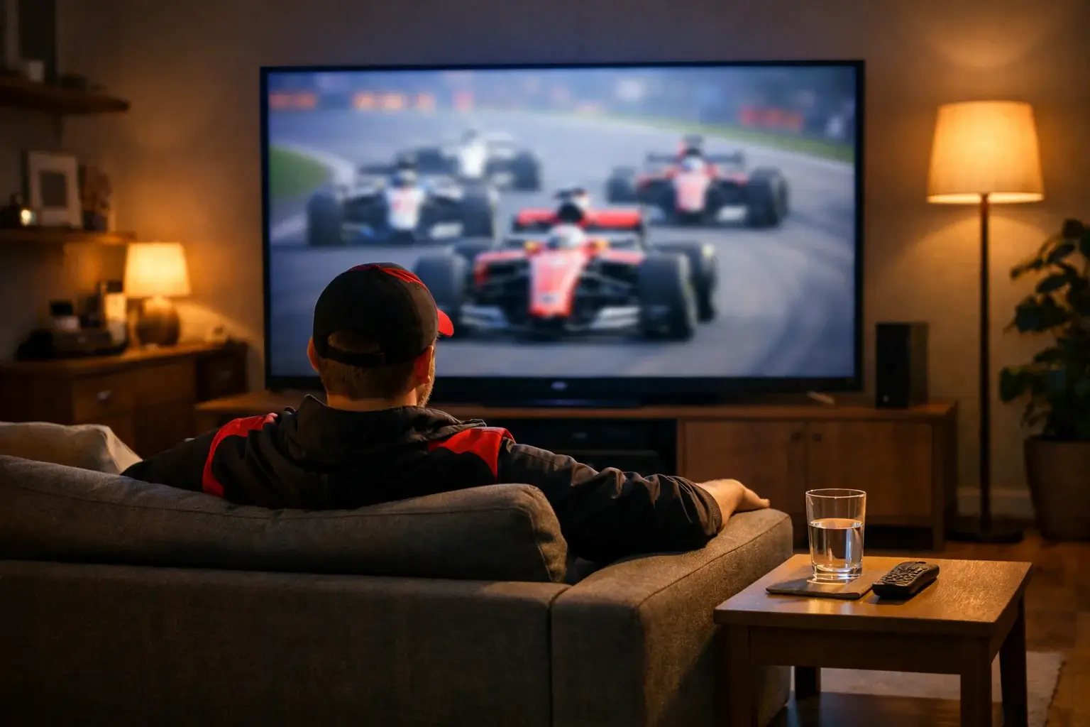 Motorsportfan verfolgt konzentriert ein Formel 1 Rennen auf dem Bildschirm