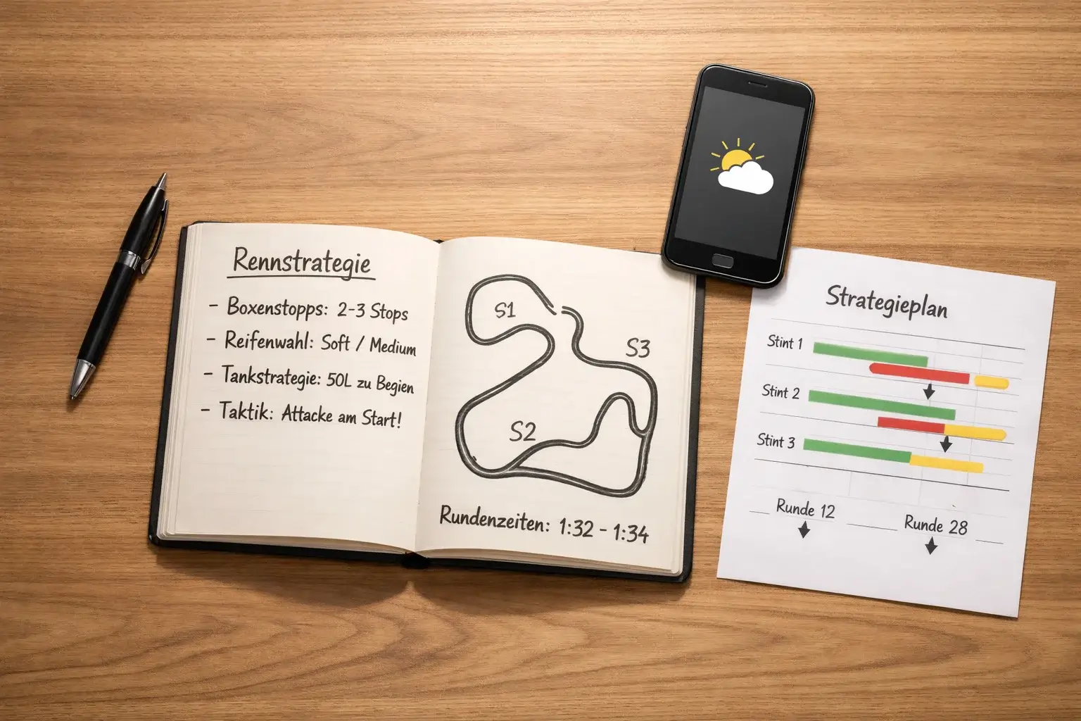Notizbuch mit handgeschriebenen F1-Strategienotizen und Streckendiagrammen
