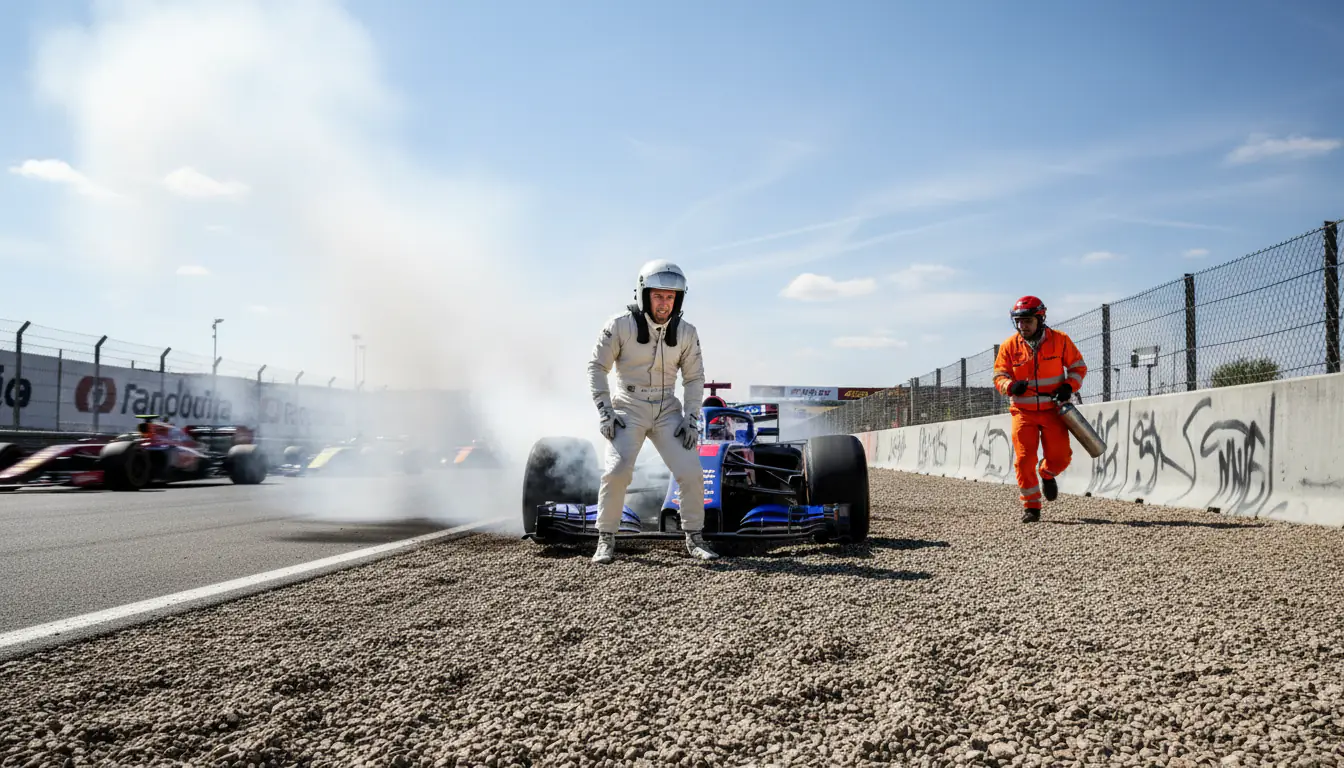 Formel-1-Auto mit Motorschaden und Rauch am Streckenrand abgestellt