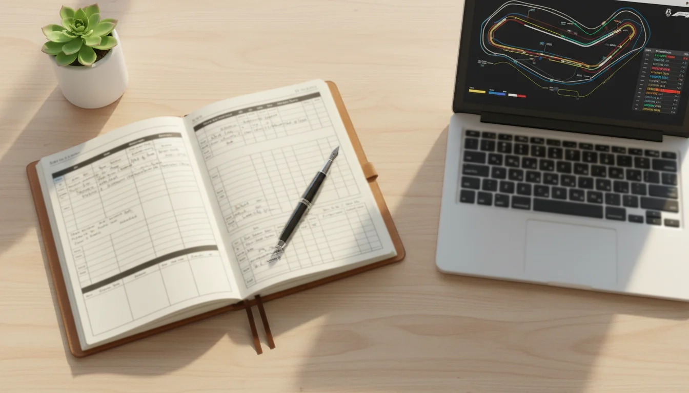 Notizbuch mit Wettstrategie-Planung und Stift neben einem Laptop mit Formel-1-Daten