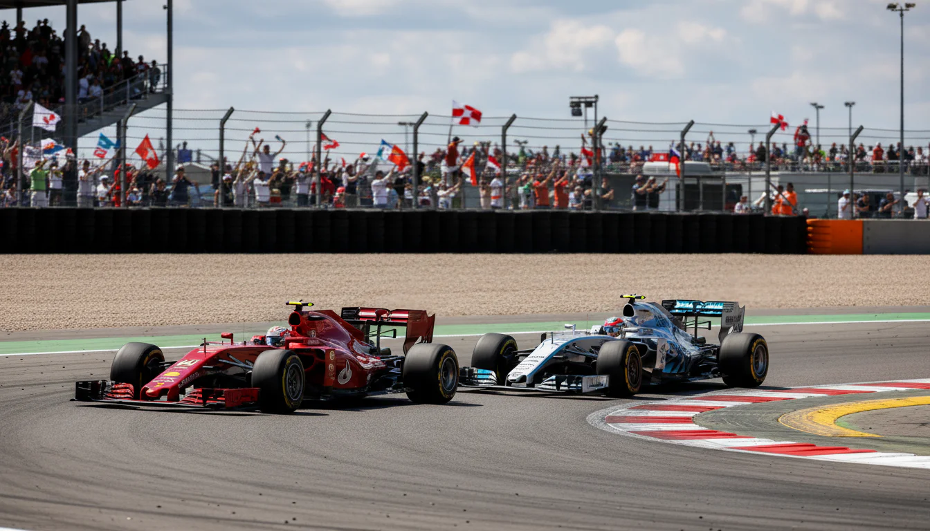 Zwei Formel-1-Autos im direkten Zweikampf Rad an Rad in einer Kurve