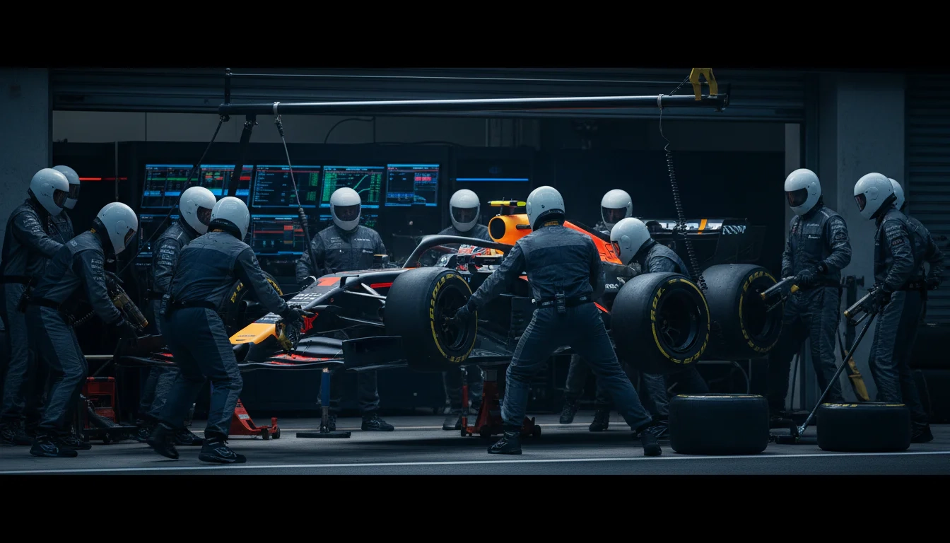 Formel-1-Boxenstopp mit Mechanikern beim Reifenwechsel in der Boxengasse