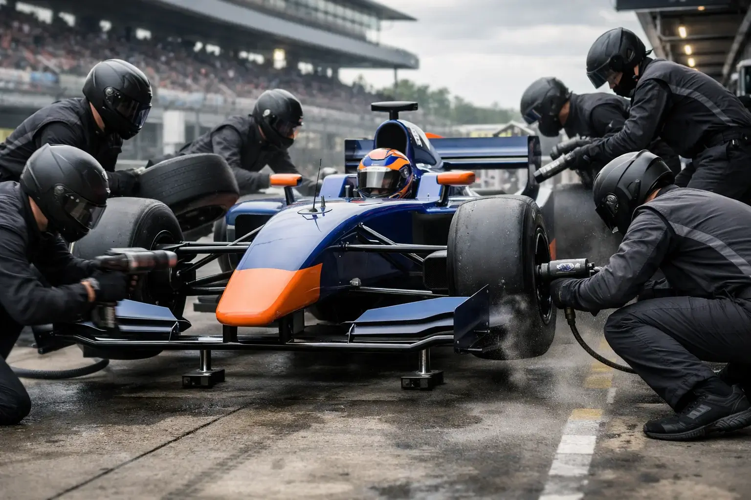 Formel 1 Boxenstopp mit Mechanikern beim Reifenwechsel