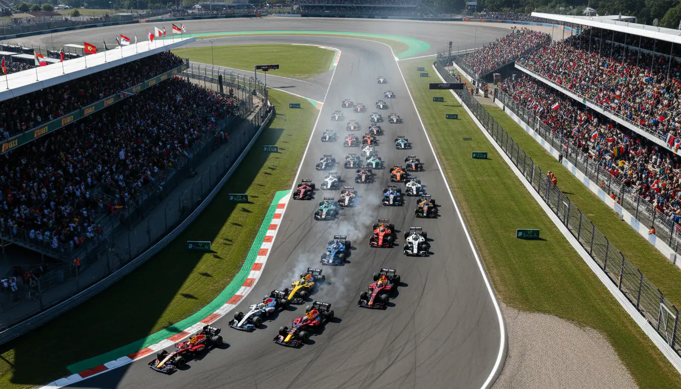 Formel-1-Rennstart aus der Vogelperspektive mit dem gesamten Fahrerfeld in der ersten Kurve