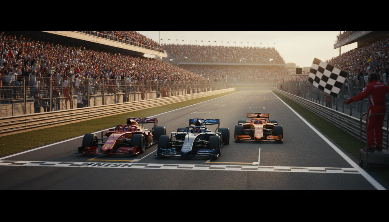 Drei Formel-1-Autos in Formation auf dem Podiumskurs der letzten Rennrunde