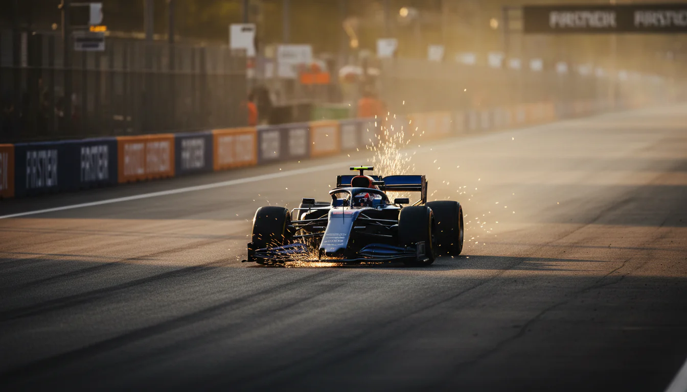 Formel-1-Auto in der schnellen Qualifying-Runde mit Funkenflug auf der Rennstrecke