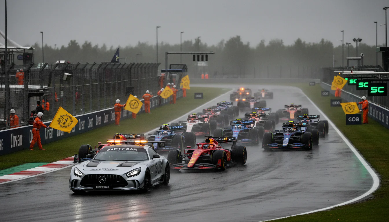Formel-1-Safety-Car führt das Feld auf der Rennstrecke hinter gelben Flaggen an