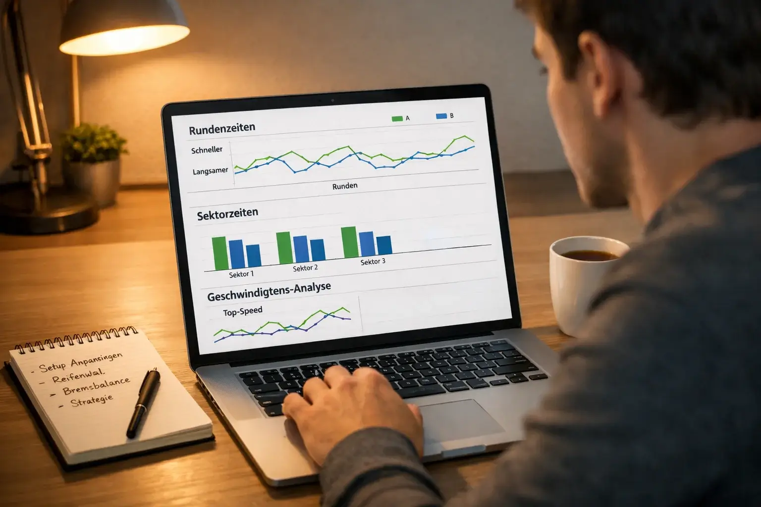 Person analysiert Formel 1 Daten auf einem Laptop