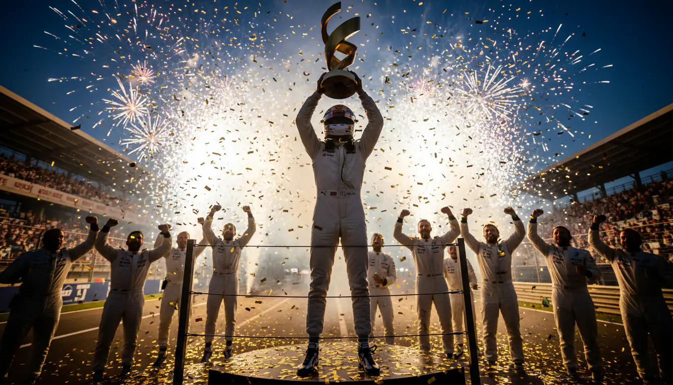 Formel-1-Fahrer hält den WM-Pokal in die Höhe bei der Siegerehrung am Saisonfinale