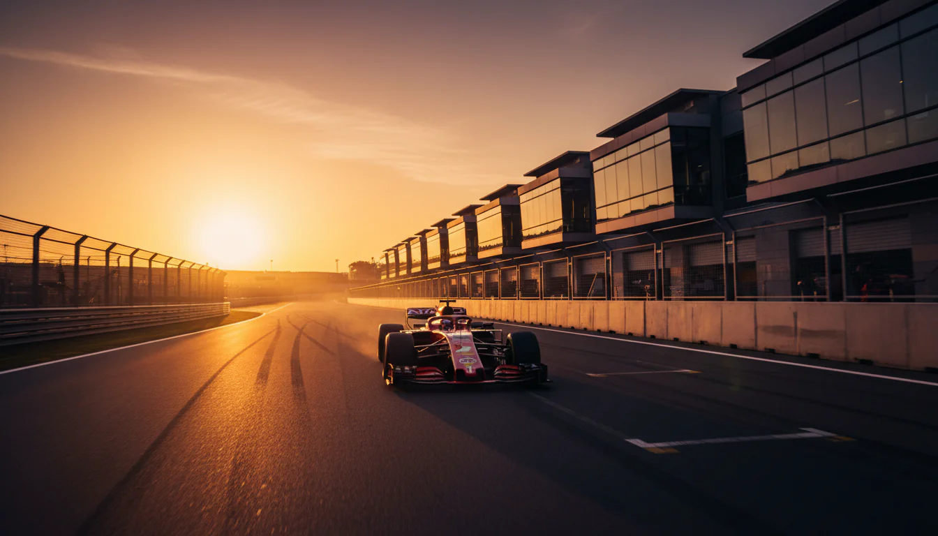 Formel-1-Bolide auf der Rennstrecke bei Sonnenuntergang mit Boxenmauer im Hintergrund