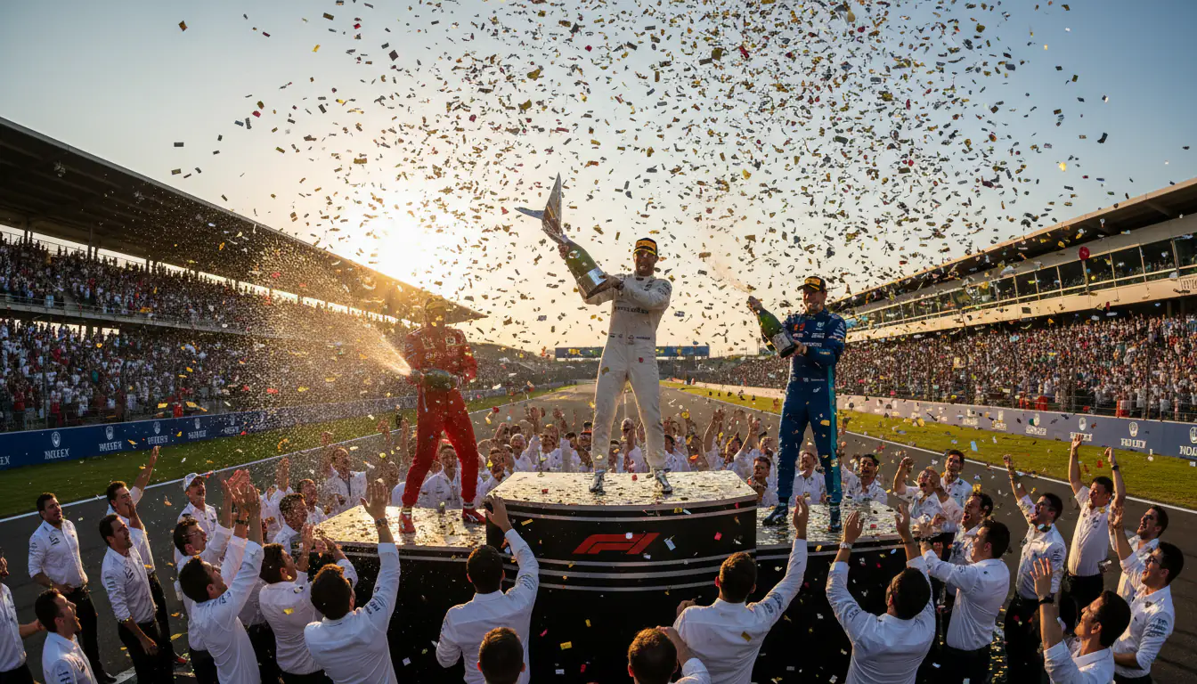 Formel-1-Podiumszeremonie mit drei Fahrern und Champagner-Dusche nach dem Rennen