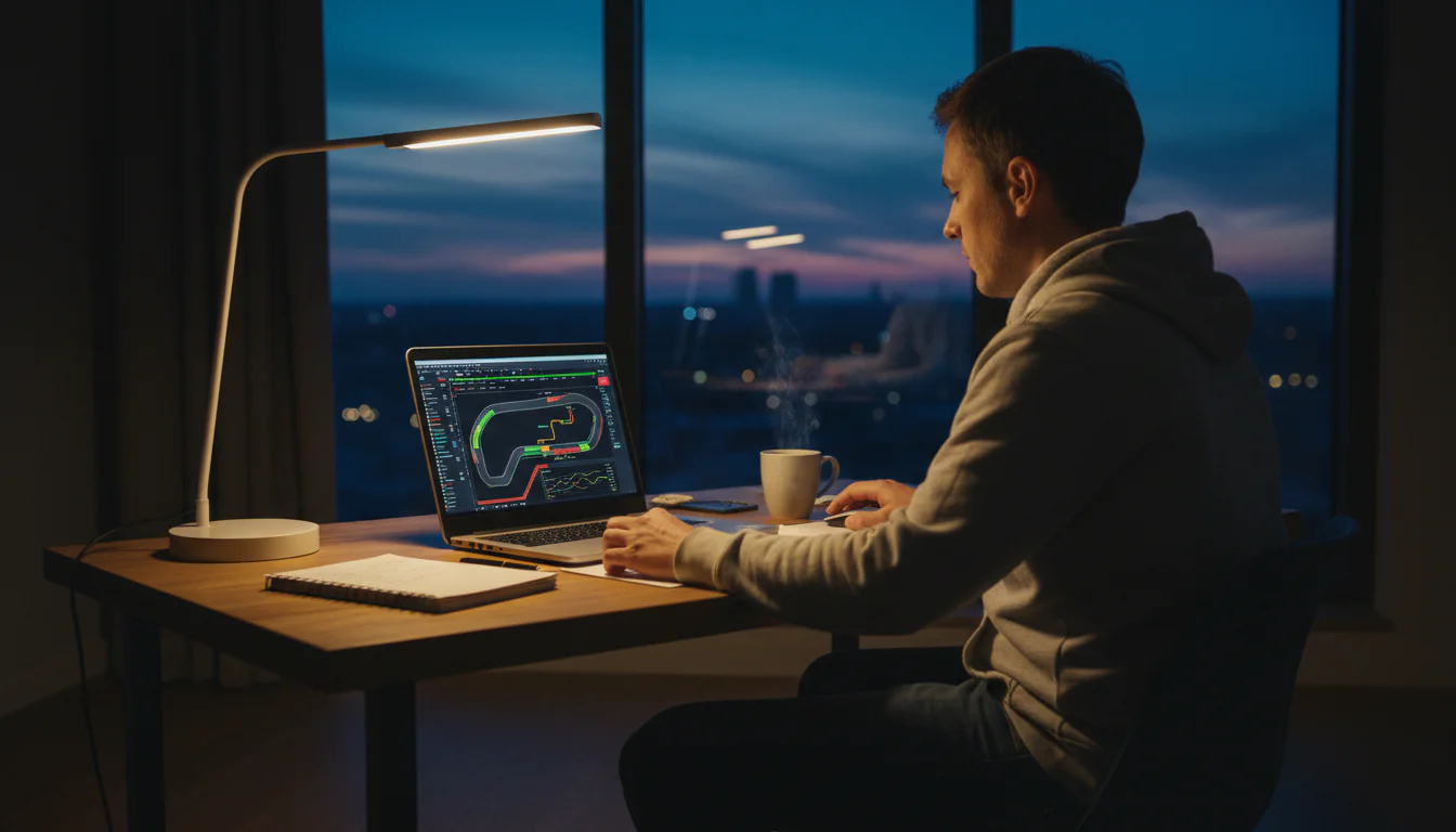 Person analysiert Formel-1-Renndaten auf einem Laptop mit Streckenplan und Sektorzeiten