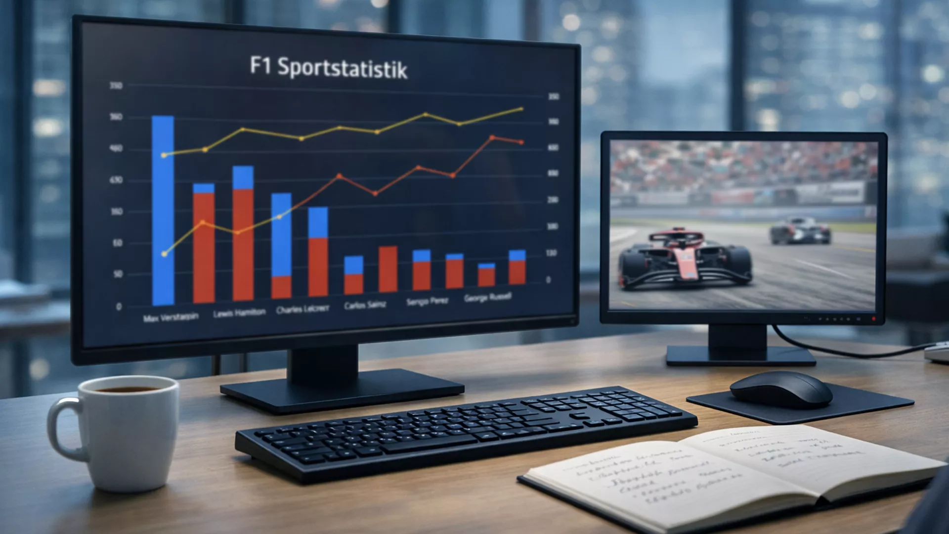 Bildschirm mit Formel-1-Livetiming und Datenübersicht in einer Arbeitsumgebung