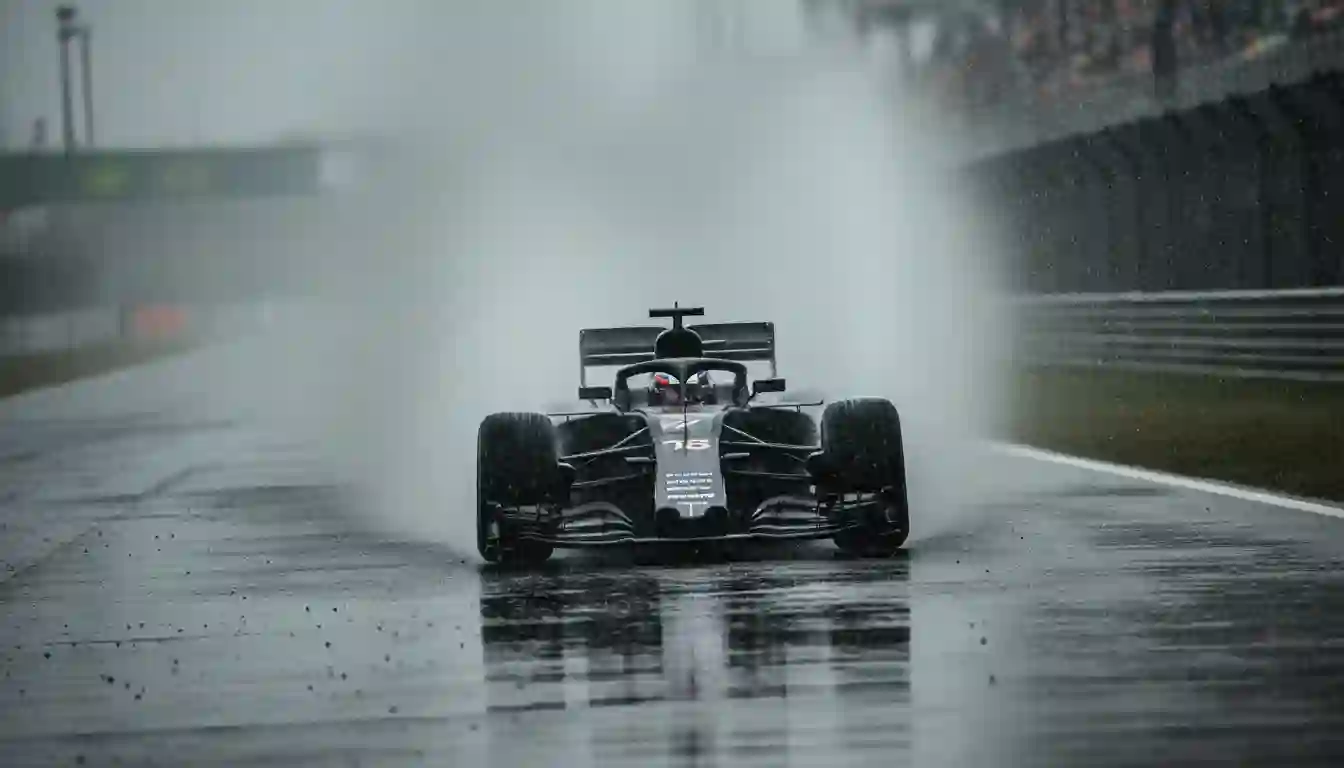 Formel-1-Auto fährt durch Gischt auf nasser Rennstrecke bei Regen