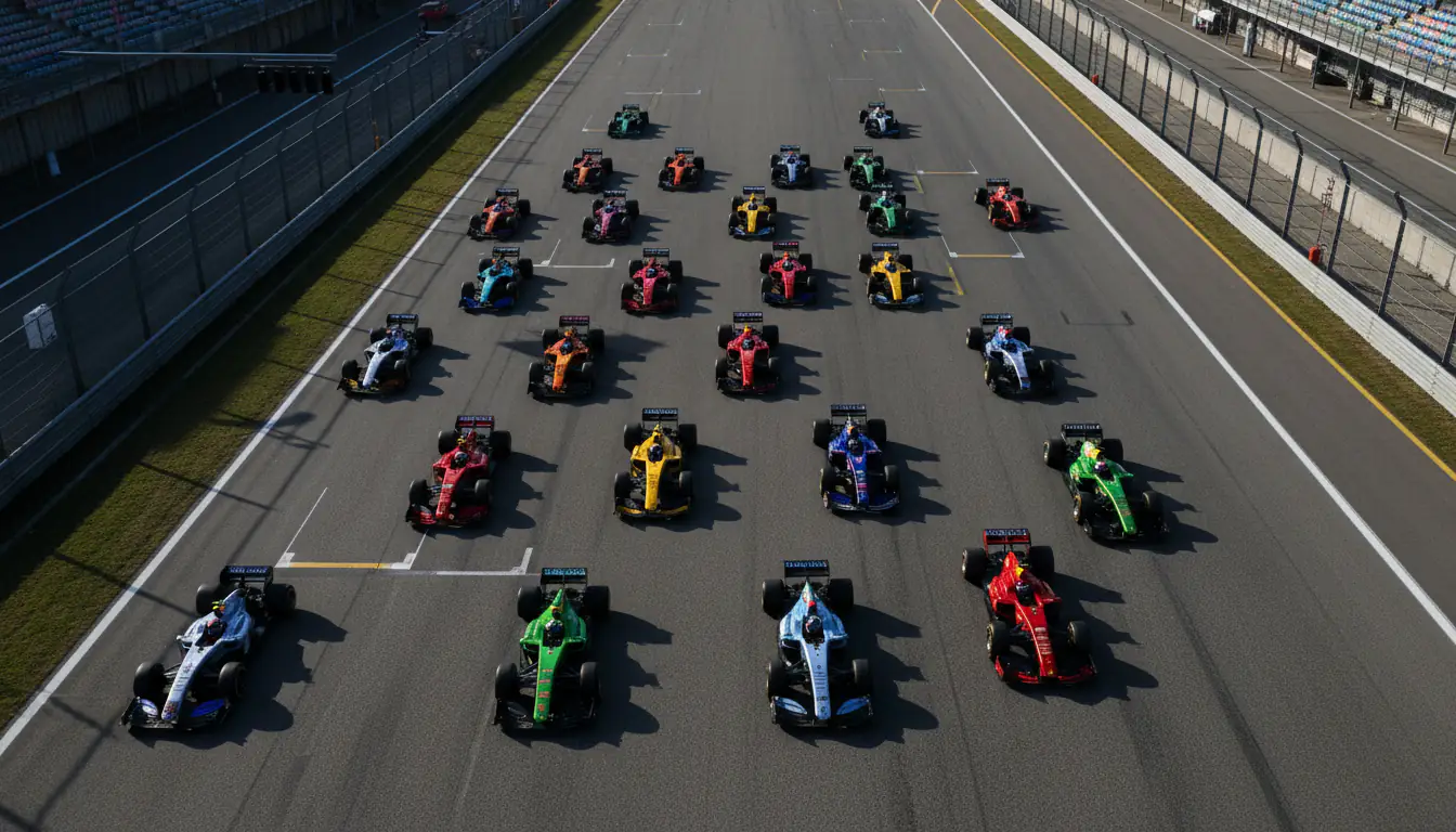 Formel-1-Startaufstellung aus der Vogelperspektive bei Sonnenuntergang