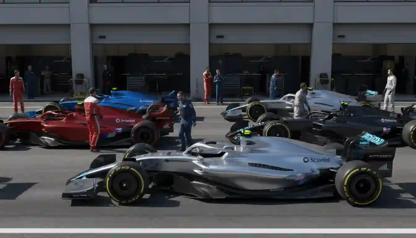 Formel-1-Autos verschiedener Teams nebeneinander in der Boxengasse