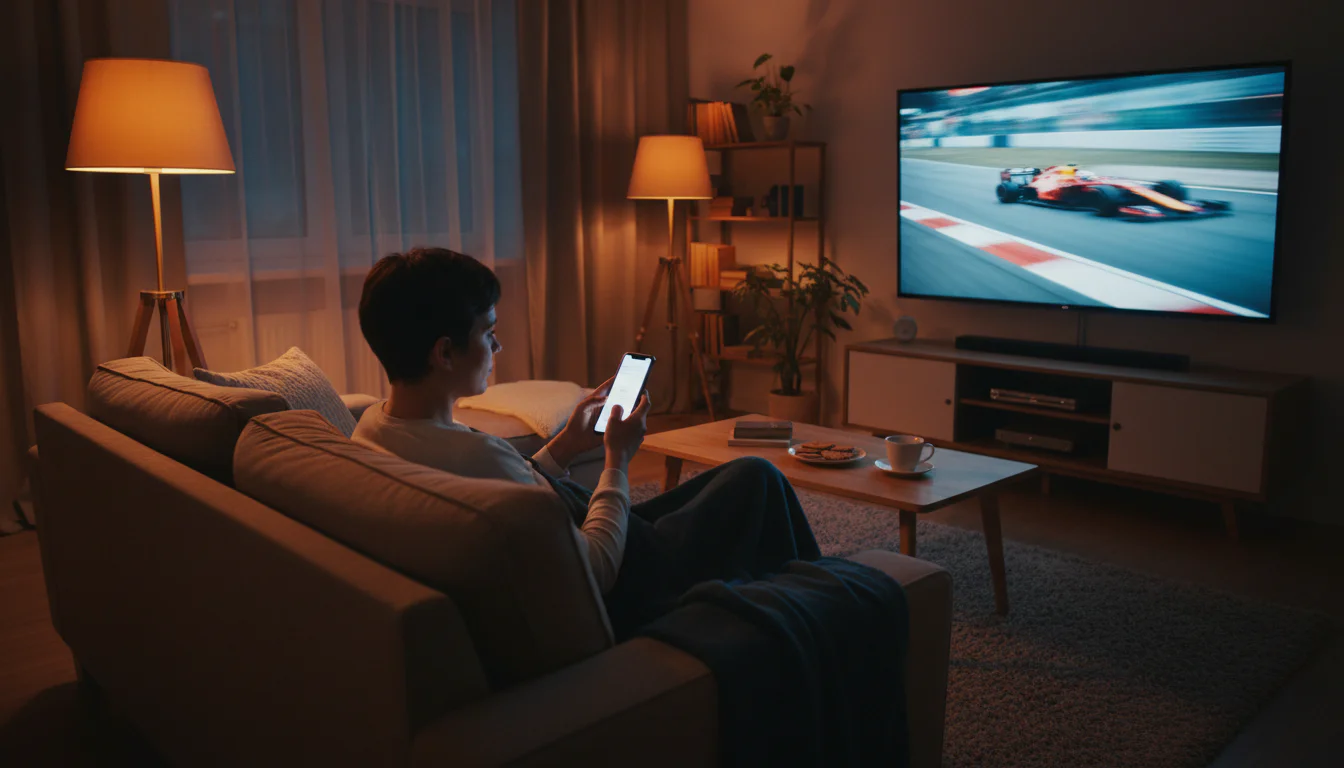 Person schaut ein Formel-1-Rennen auf dem Fernseher und hält ein Smartphone