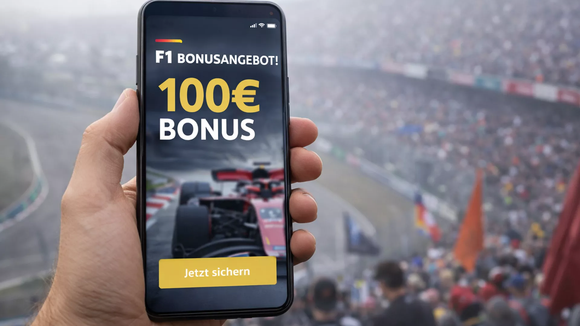 Hand hält ein Smartphone mit einer Sportwetten-App vor einem Formel-1-Rennen