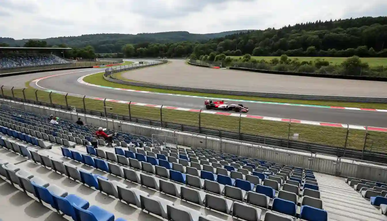 Blick über eine Tribüne auf eine Formel-1-Rennstrecke in Deutschland