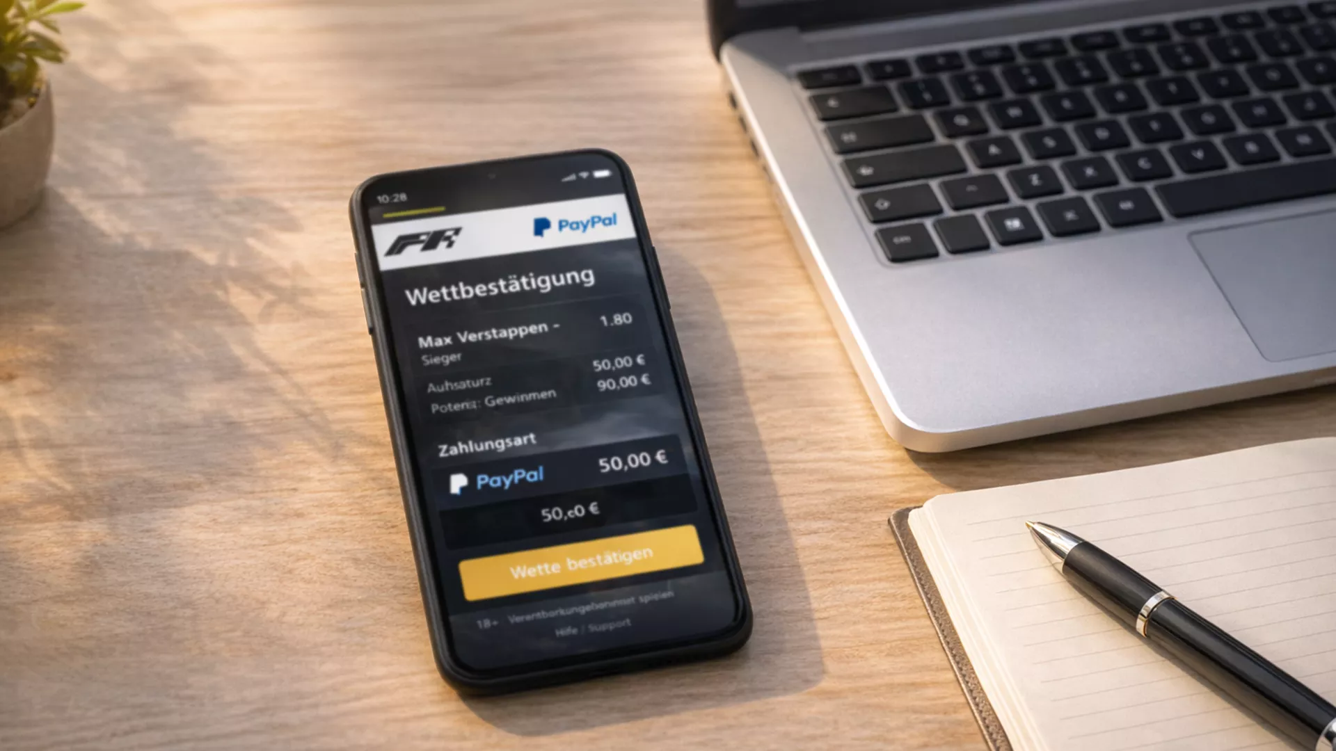 Smartphone mit einer mobilen Zahlung neben einem Laptop auf einem Schreibtisch