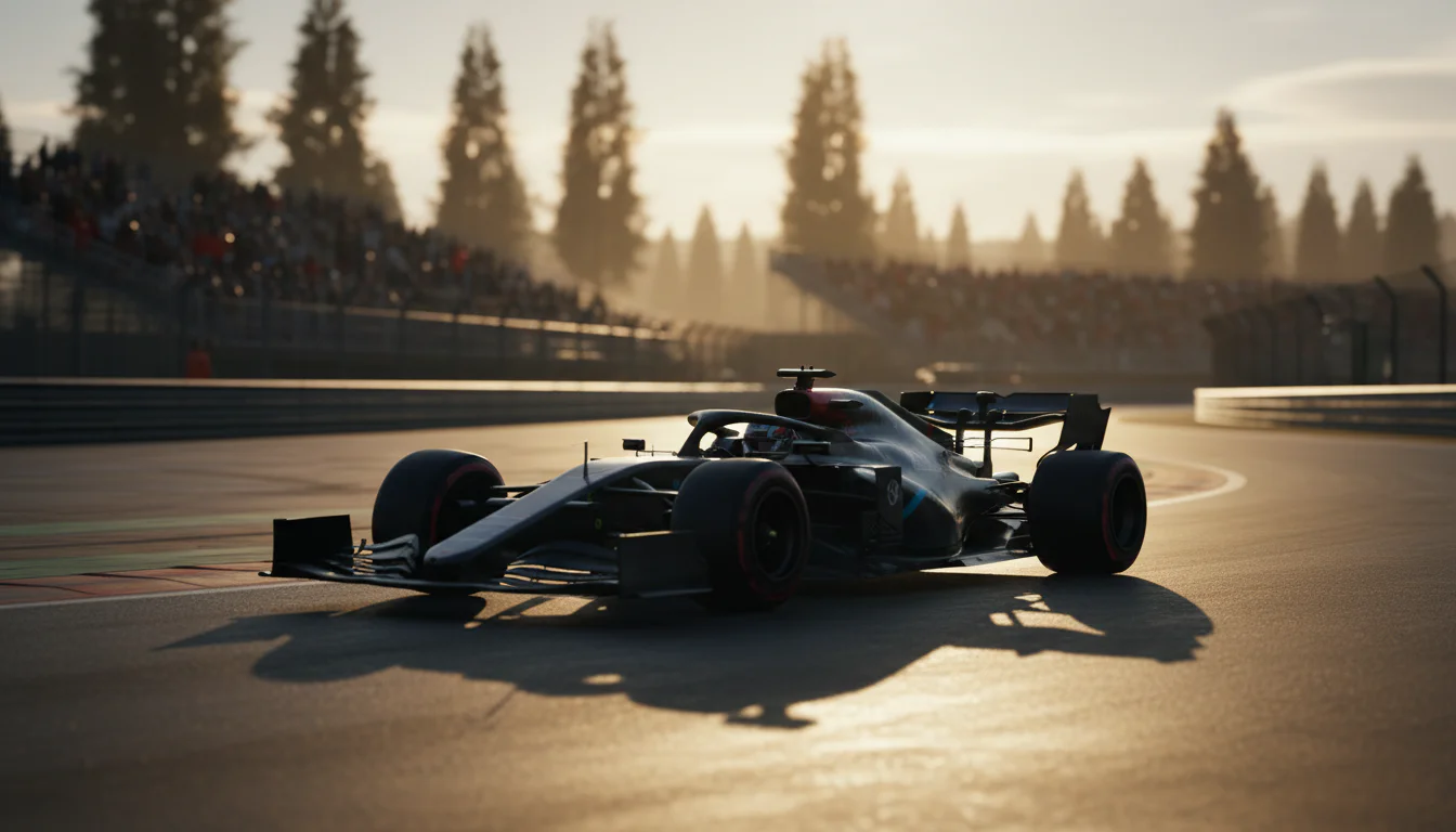 Formel-1-Auto auf der Rennstrecke bei Dämmerung mit dramatischem Licht